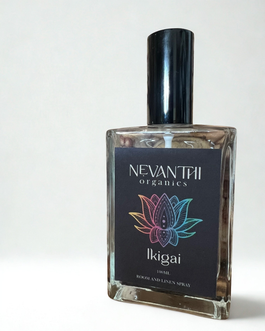 Ikigai room spray — handmade UK linen spray with honeysuckle lotus and waterlily by Nevanthi Organics