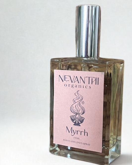 Myrrh room spray — handmade UK winter linen spray with myrrh and tonka by Nevanthi Organics