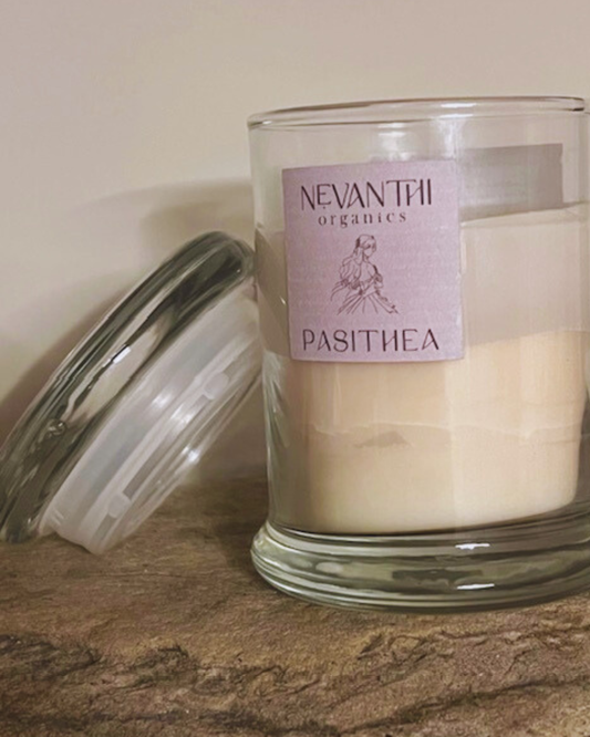 Pasithea soy wax candle by Nevanthi Organics — wooden wick candle with lavender rosewood and bergamot