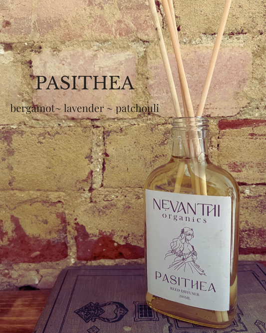 Pasithea reed diffuser 200ml by Nevanthi Organics — luxury floral home fragrance with lavender rosewood and bergamot