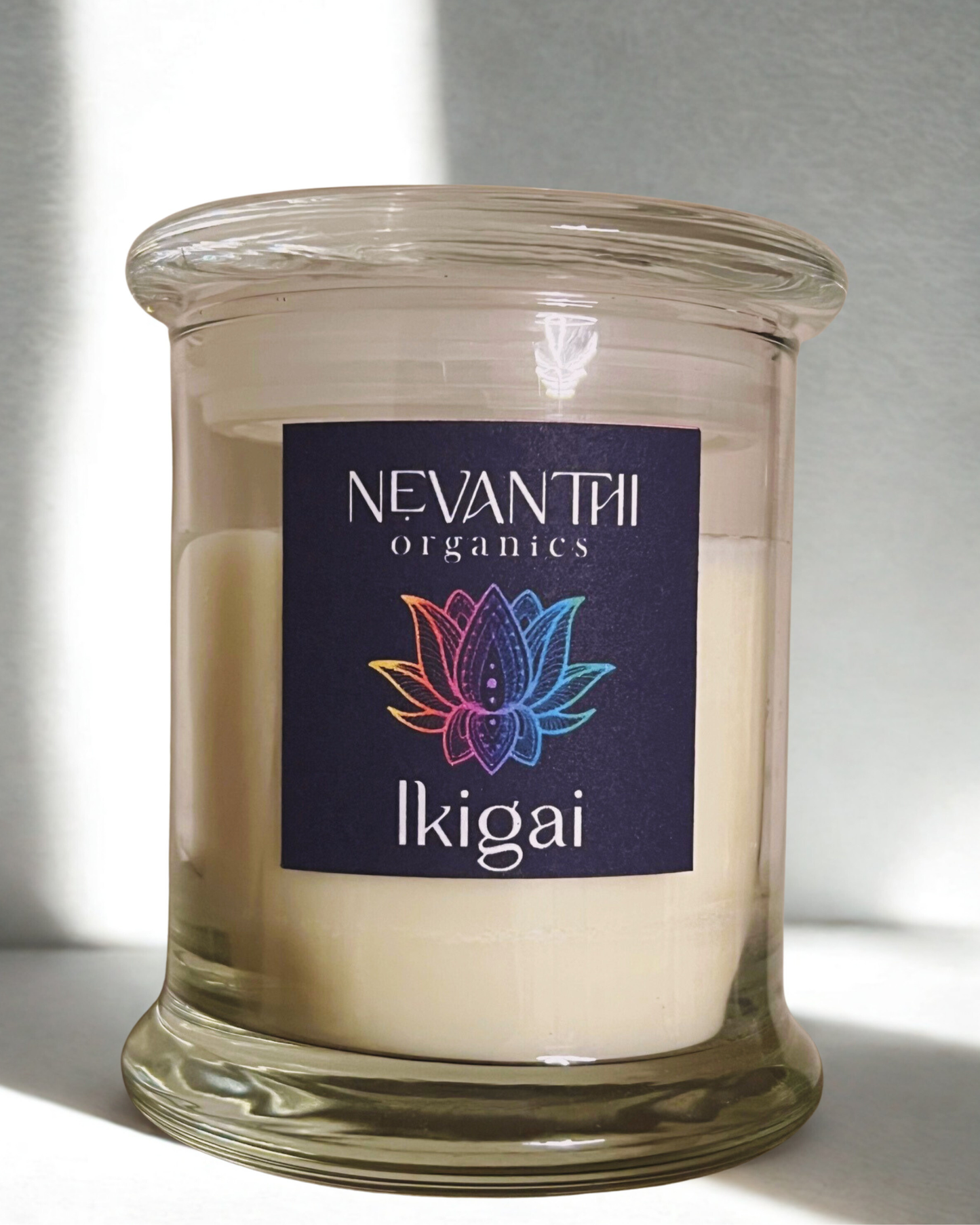 Nevanthi Organics Ikigai candle styled in a bright minimal home setting