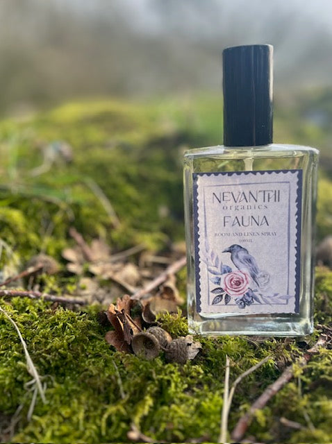 Fauna room and linen spray by Nevanthi Organics — handmade UK spring seasonal fragrance photographed in Norfolk woodland with moss and bare winter trees