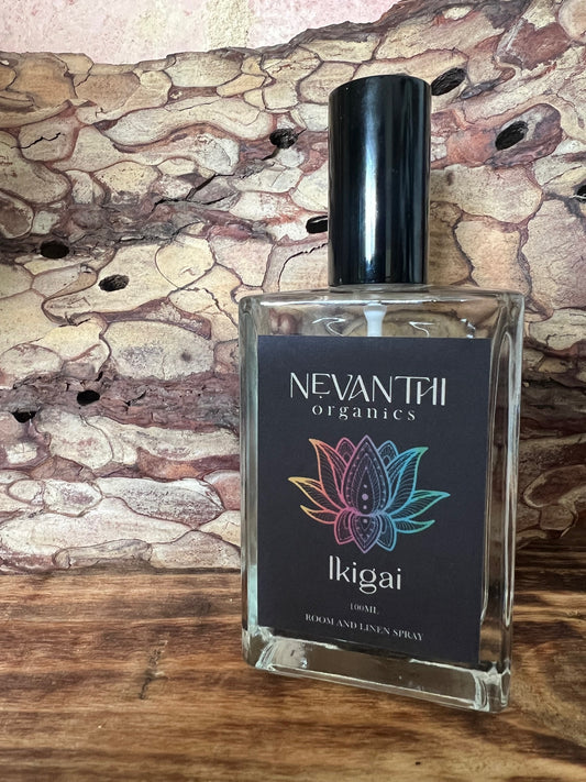 Ikigai room and linen spray by Nevanthi Organics — 100ml delicate floral home fragrance with honeysuckle lotus and waterlily