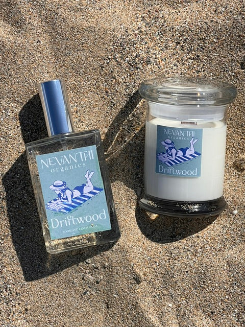 Driftwood room and linen spray by Nevanthi Organics — summer seasonal sage and sea salt fragrance photographed on Norfolk beach sand dunes