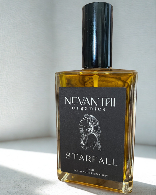 Starfall room spray — handmade UK linen spray with bergamot jasmine and sandalwood by Nevanthi Organics