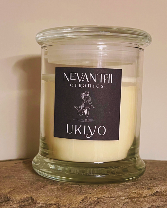 Ukiyo candle — handmade UK wooden wick soy candle with lemongrass and may chang by Nevanthi Organics