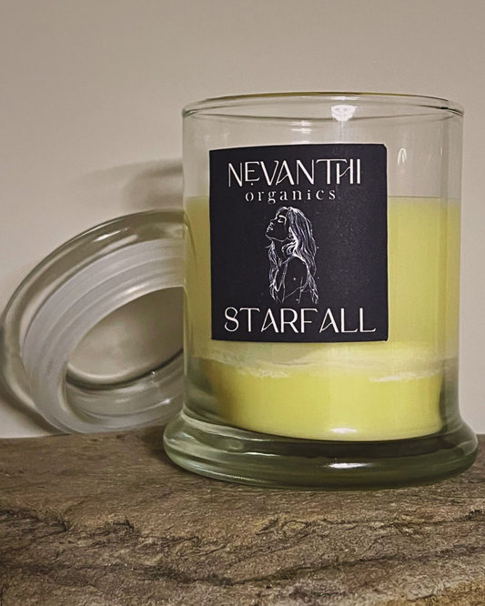 Starfall candle — handmade UK wooden wick soy candle with bergamot and jasmine by Nevanthi Organics