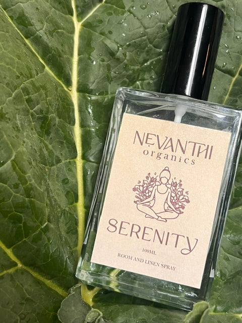 Serenity room and linen spray by Nevanthi Organics — 100ml grounding home fragrance with sandalwood frankincense and bergamot on rhubarb leaf