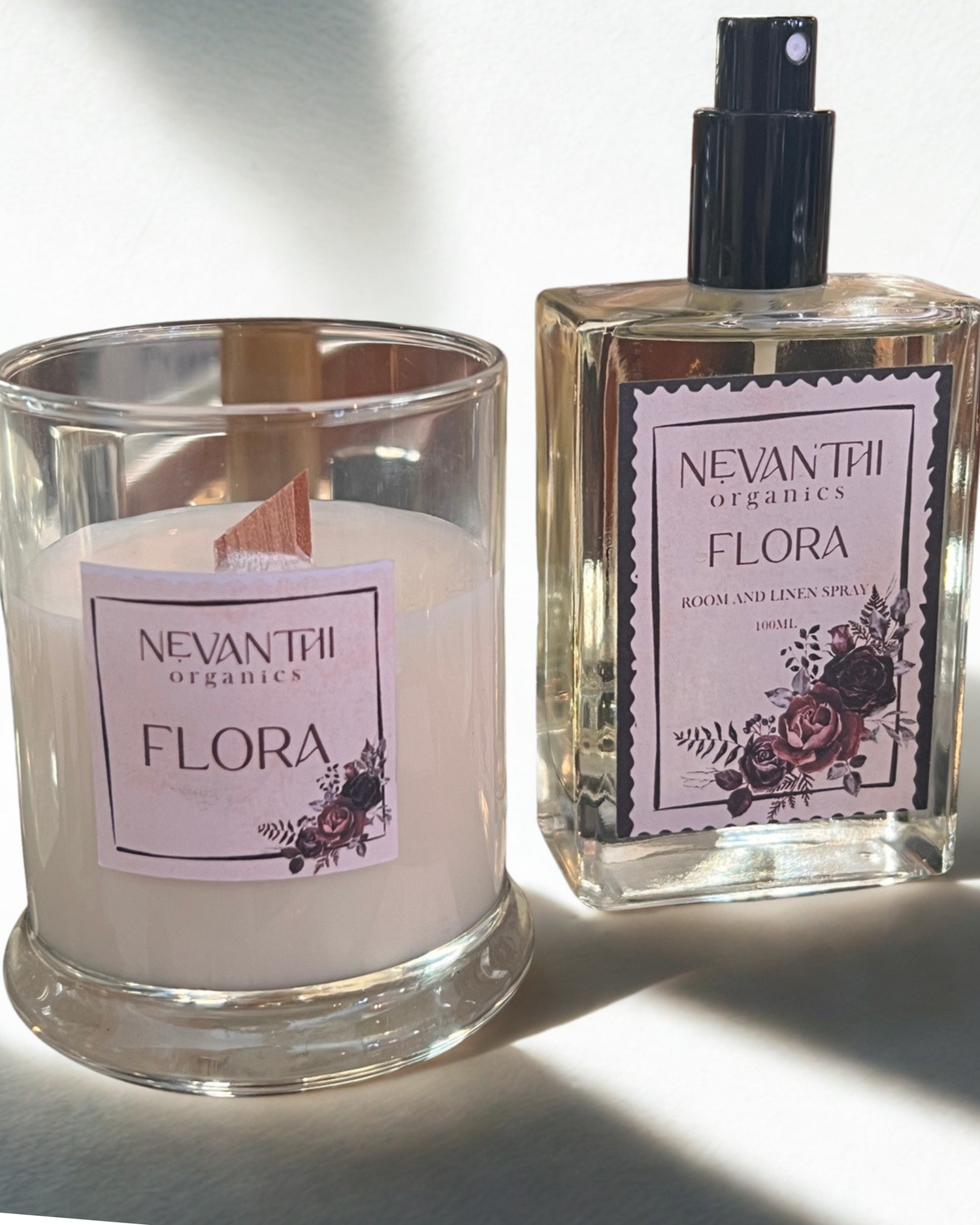 Flora soy candle and room and linen spray by Nevanthi Organics — spring seasonal home fragrance with lime blossom jasmine and vetiver