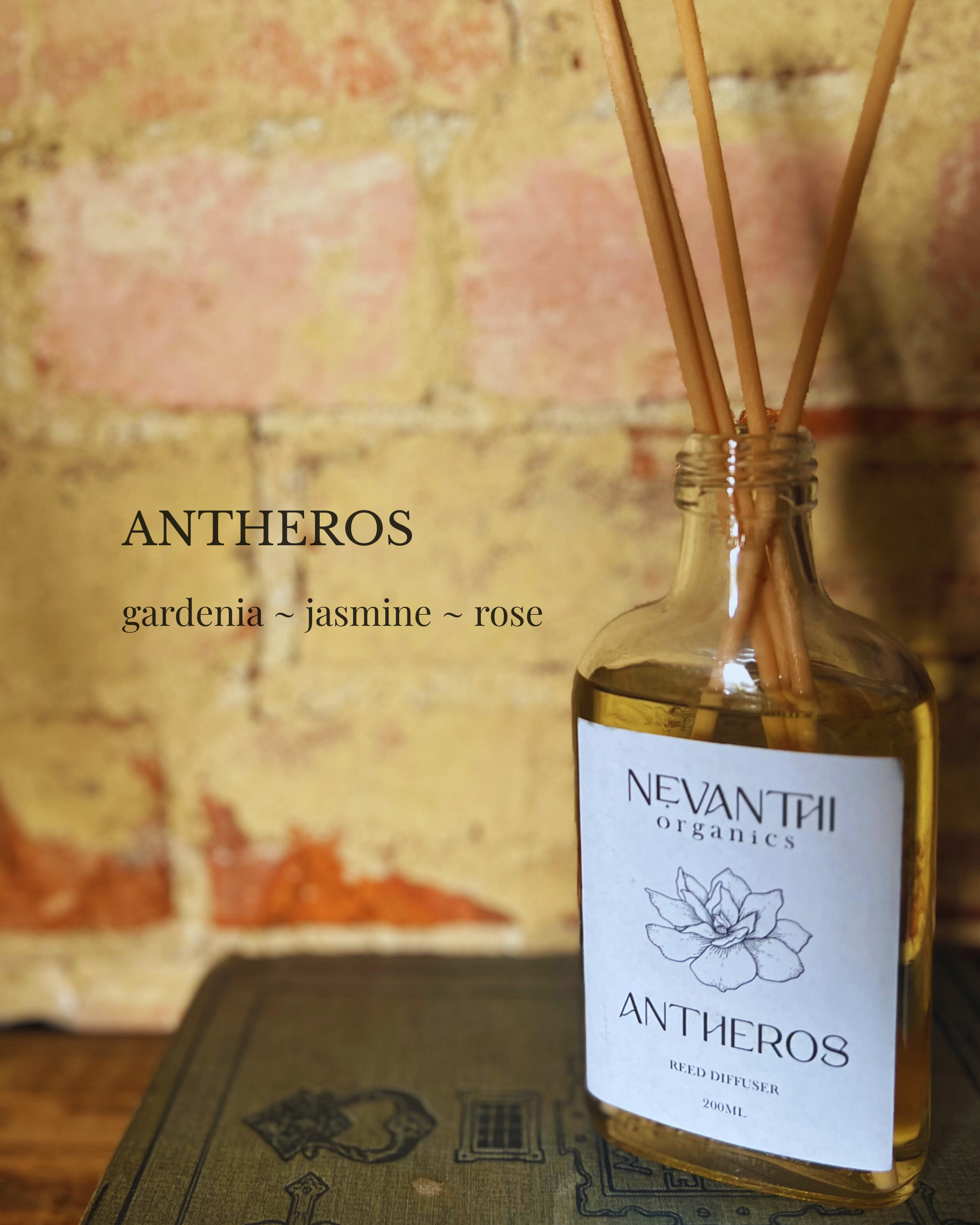 Antheros reed diffuser 200ml by Nevanthi Organics — luxury floral home fragrance with jasmine neroli and gardenia