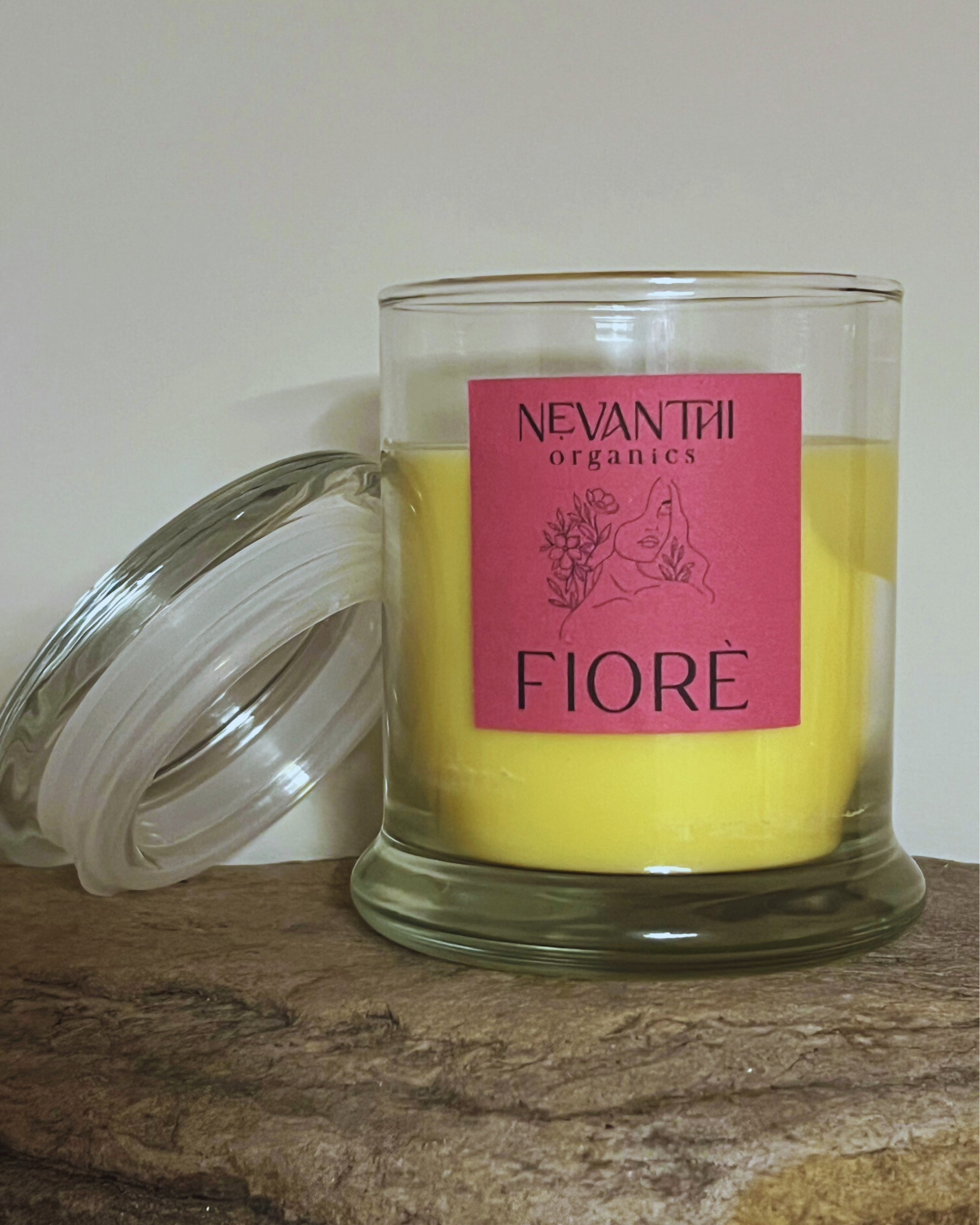 Fiore soy wax candle by Nevanthi Organics — wooden wick candle with red mandarin jasmine and ylang ylang