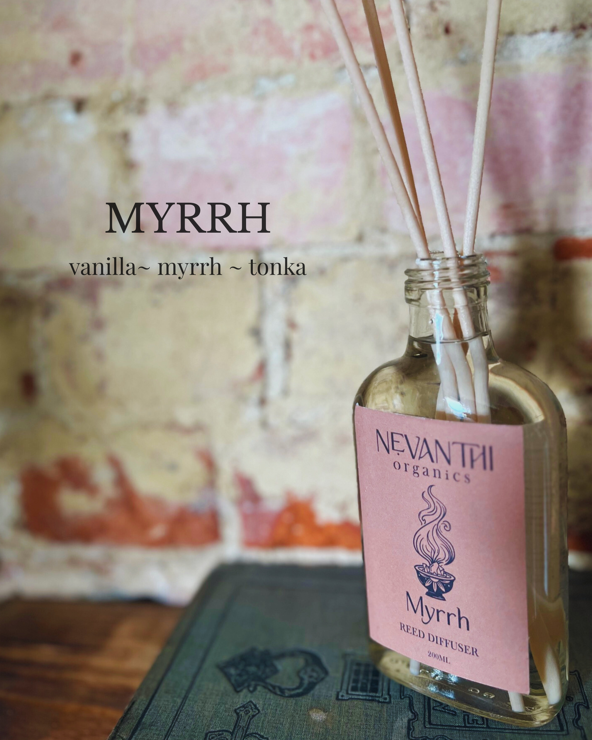 Myrrh reed diffuser 200ml by Nevanthi Organics — luxury winter home fragrance with myrrh and tonka