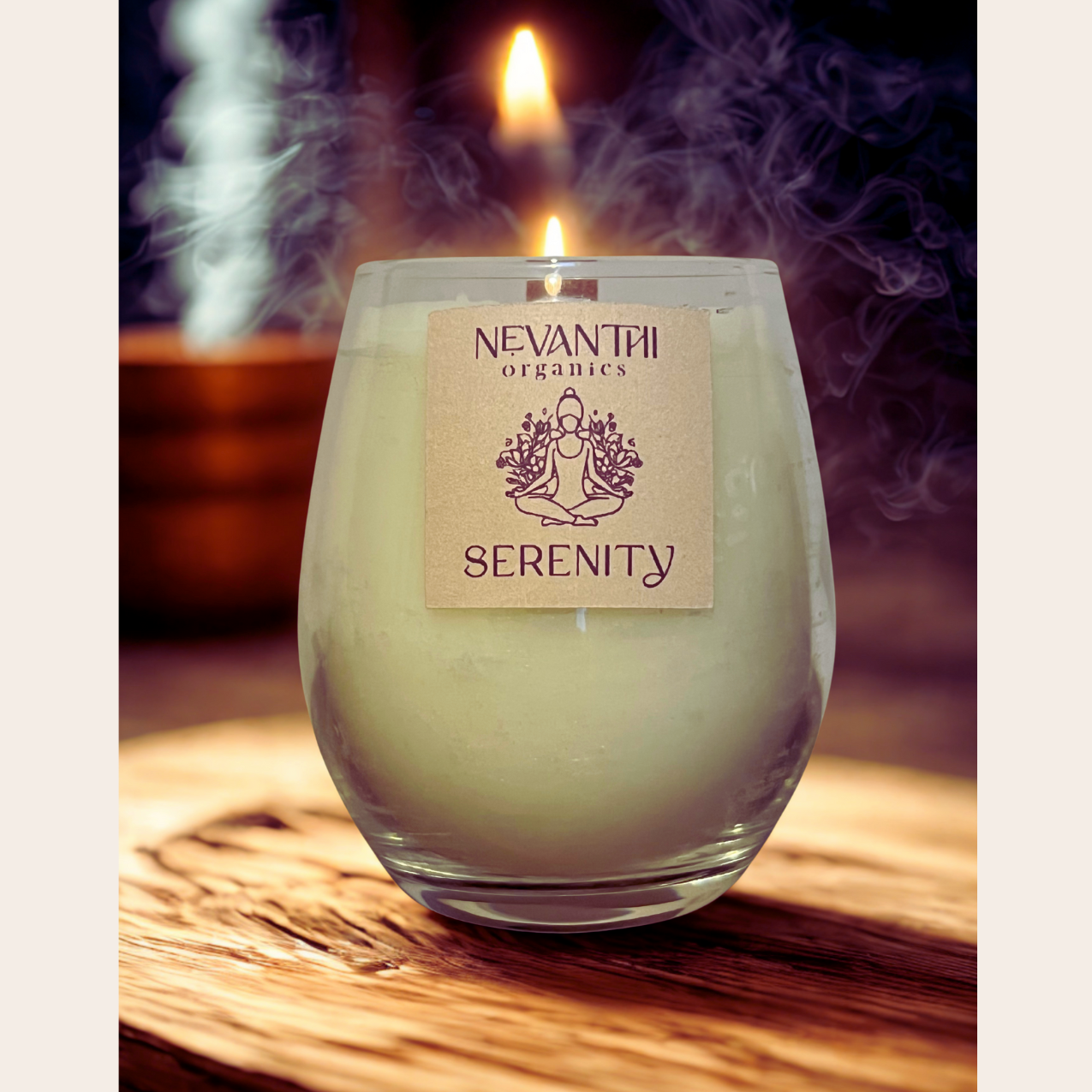 Serenity, Soy wax candle, wooden wick, Sandalwood, Frankincense, - Nevanthi Organics