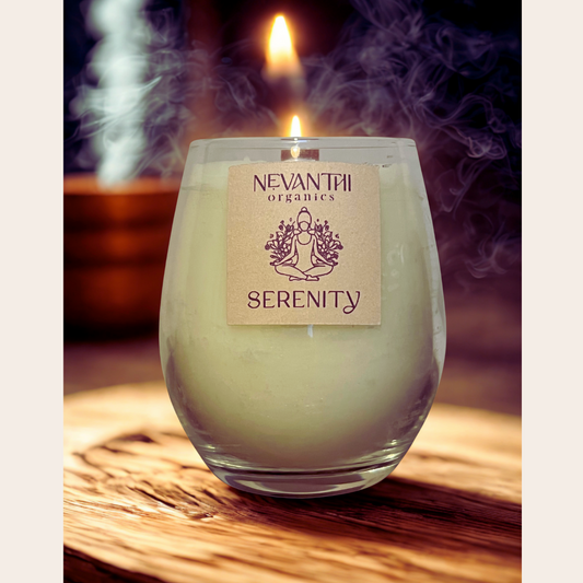 Serenity, Soy wax candle, wooden wick, Sandalwood, Frankincense, - Nevanthi Organics