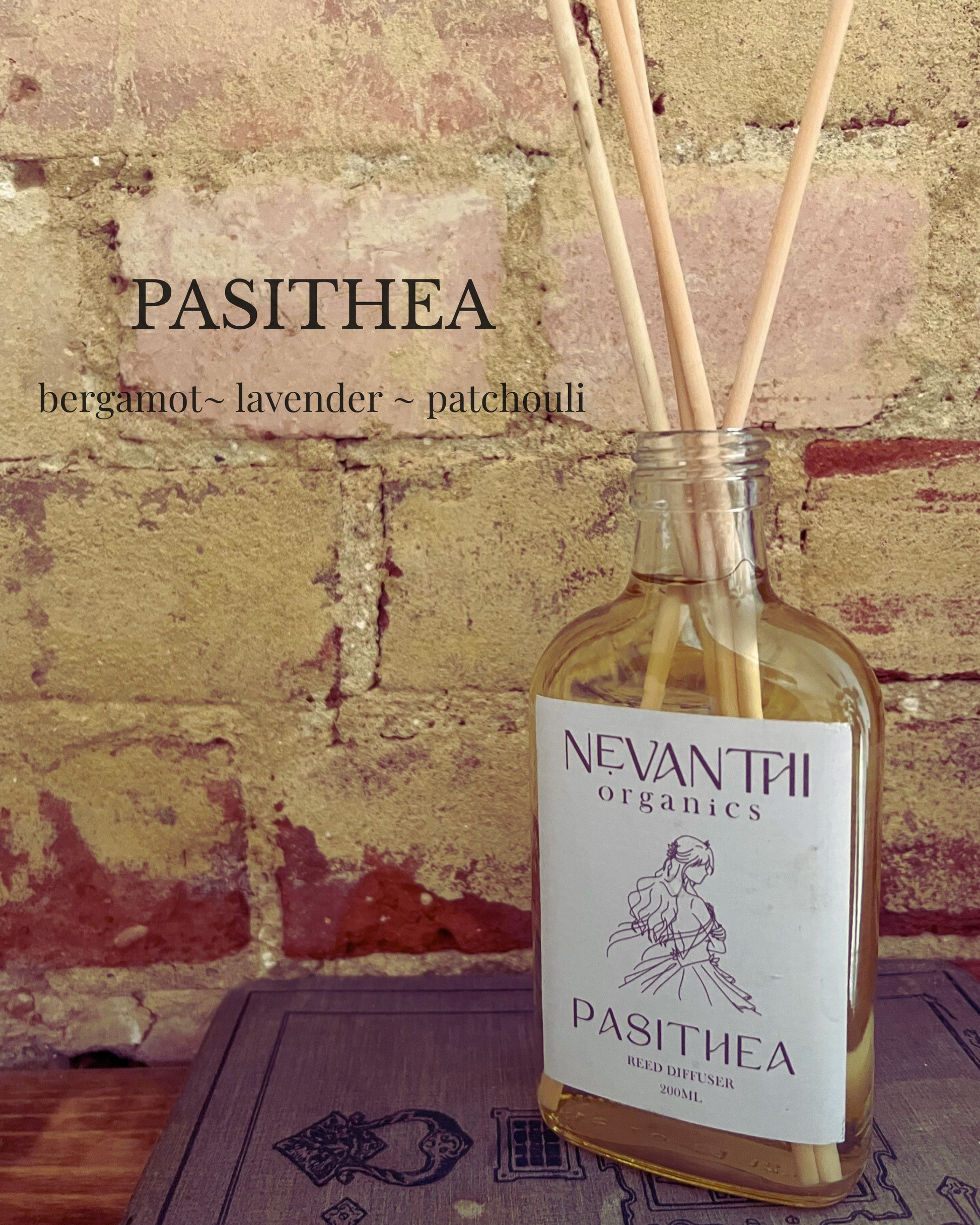 Pasithea reed diffuser 200ml by Nevanthi Organics — luxury floral home fragrance with lavender rosewood and bergamot