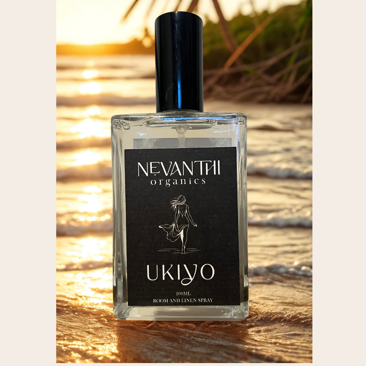 Nevanthii Organics Ukiyo room and linen spray bottle on a wooden surface with a blurred natural background	Ukiyo linen spray with lemongrass, patchouli and may chang – energizing room mist