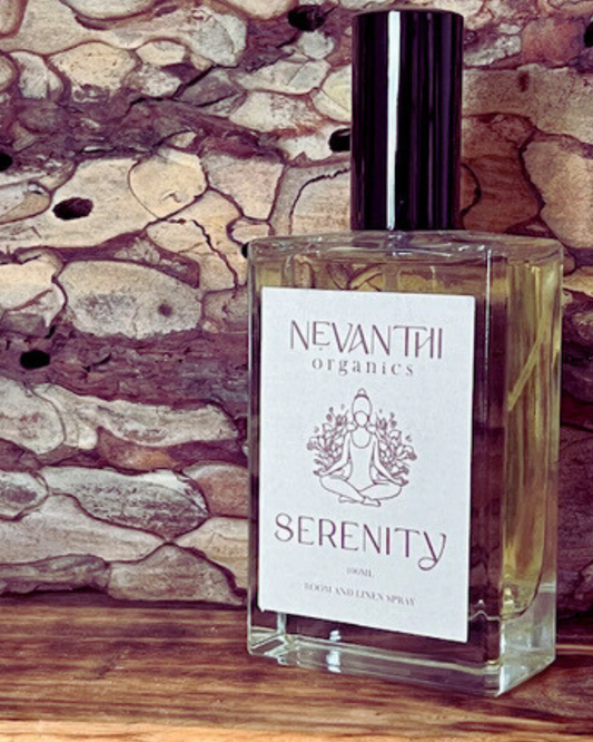 Serenity room and linen spray by Nevanthi Organics — 100ml grounding home fragrance with sandalwood frankincense and bergamot