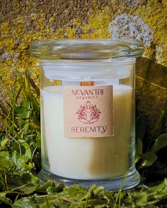 Serenity candle lifestyle — handmade UK grounding soy candle by Nevanthi Organics