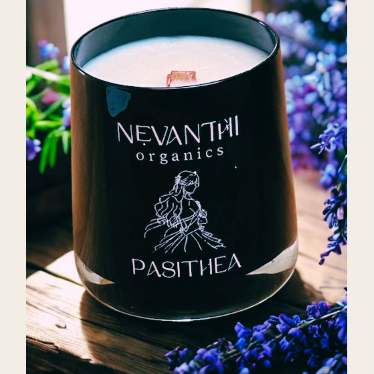 Pasithea Soy Wax Luxury Candle, Lavender and Bergamot, Relaxing, Wooden Wick., Aromatherapy - Nevanthi Organics
