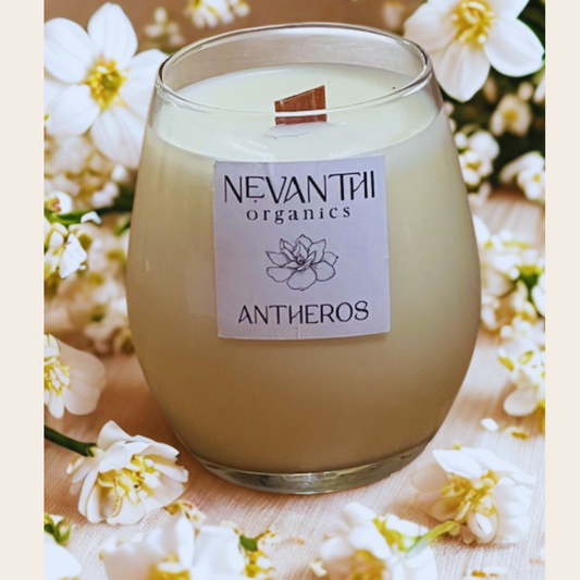 Antheros, Soy Wax Candle, Wooden Wick, Gardenia & Jasmine - Nevanthi Organics