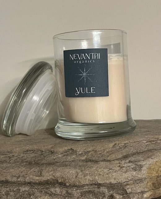 Yule soy wax candle by Nevanthi Organics — limited winter wooden wick candle with juniper frankincense and cedarwood