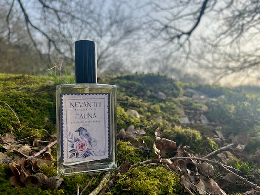 Fauna room and linen spray by Nevanthi Organics — spring seasonal home fragrance with hinoki juniper and sandalwood on moss with acorn cups