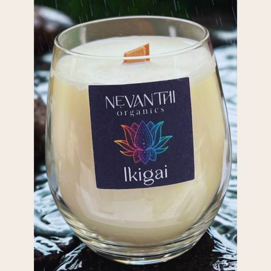 Ikigai, Soy wax candle, wooden wick, grapefruit, waterlily, honeysuckle - Nevanthi Organics