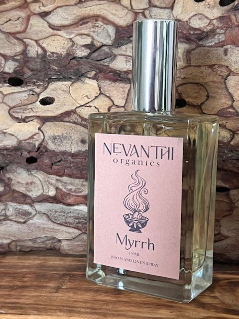Myrrh room and linen spray by Nevanthi Organics — 100ml warm winter home fragrance with myrrh and tonka

