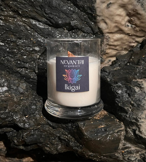 Ikigai candle close up — luxury wooden wick soy candle with honeysuckle and lotus
