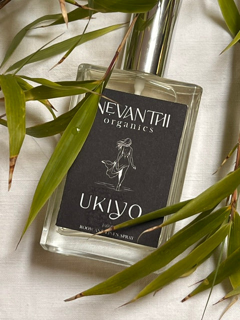 Ukiyo room and linen spray by Nevanthi Organics — 100ml fresh home fragrance with lemongrass may chang and black pepper styled with bamboo leaves