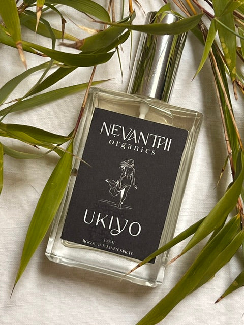 Ukiyo room and linen spray by Nevanthi Organics — 100ml fresh home fragrance with lemongrass may chang and black pepper styled with bamboo leaves