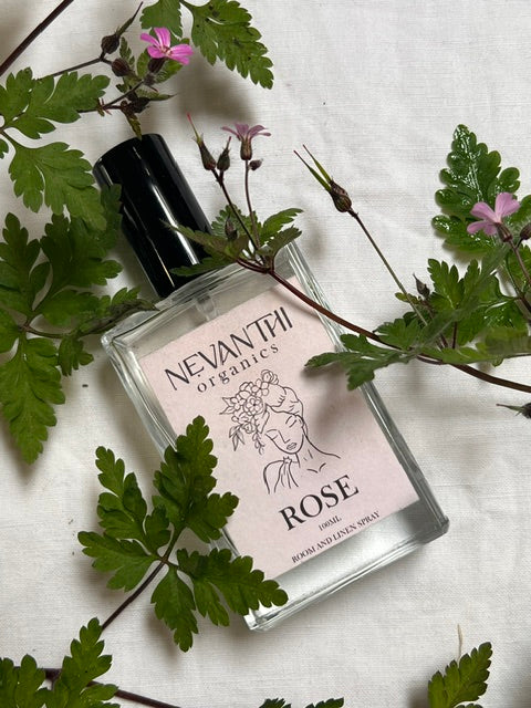 Rose room and linen spray by Nevanthi Organics — 100ml unexpected floral home fragrance with rosewood neroli and palmarosa styled with ferns and pink flowers