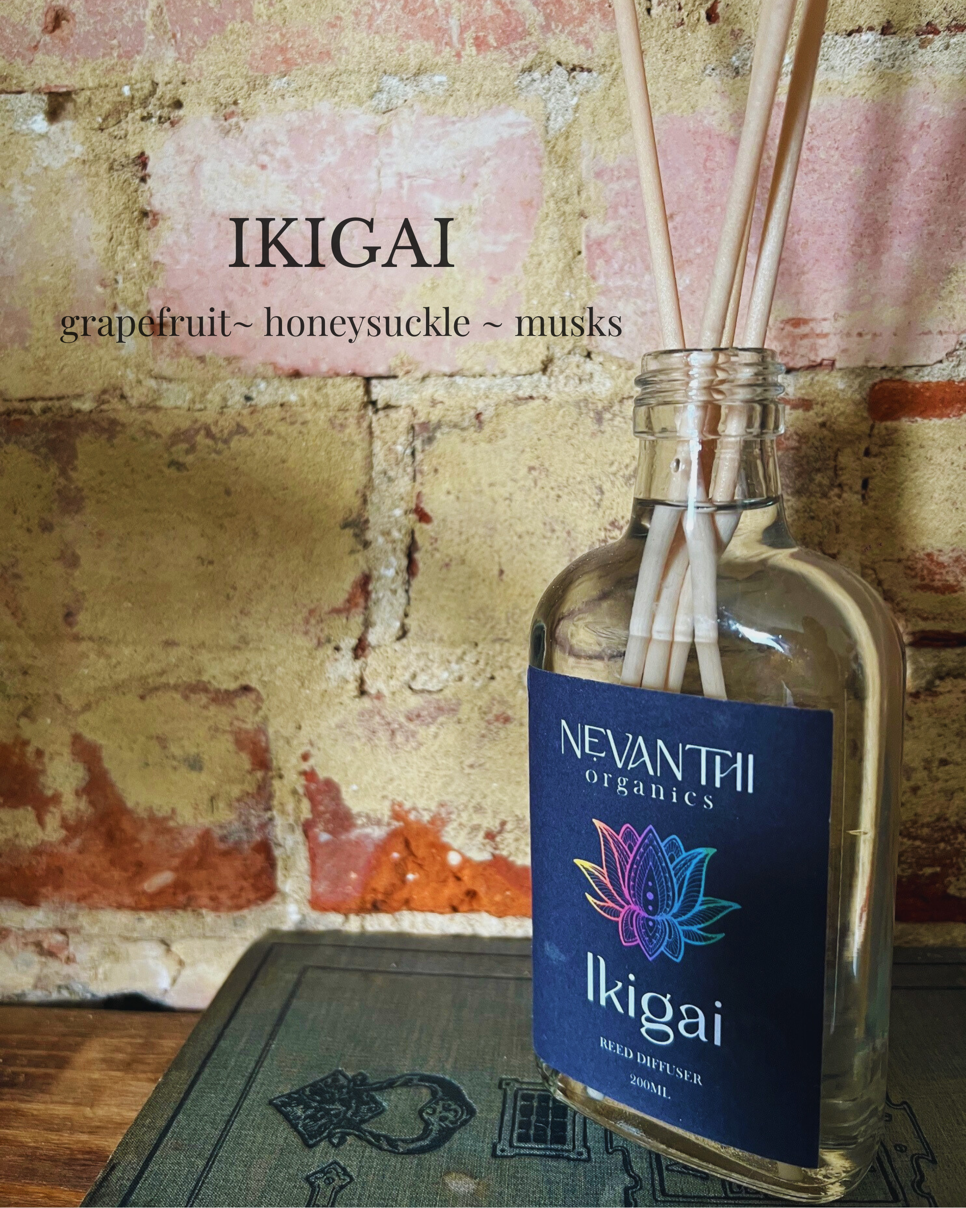 Ikigai reed diffuser 200ml by Nevanthi Organics — luxury floral home fragrance with honeysuckle lotus and waterlily