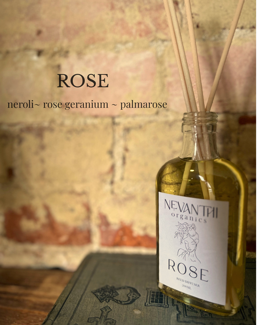 Rose reed diffuser 200ml by Nevanthi Organics — luxury floral home fragrance with rosewood neroli and palmarosa
