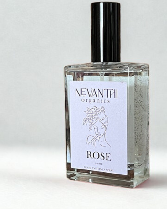 Rose room spray — handmade UK linen spray with rosewood neroli and palmarosa by Nevanthi Organics