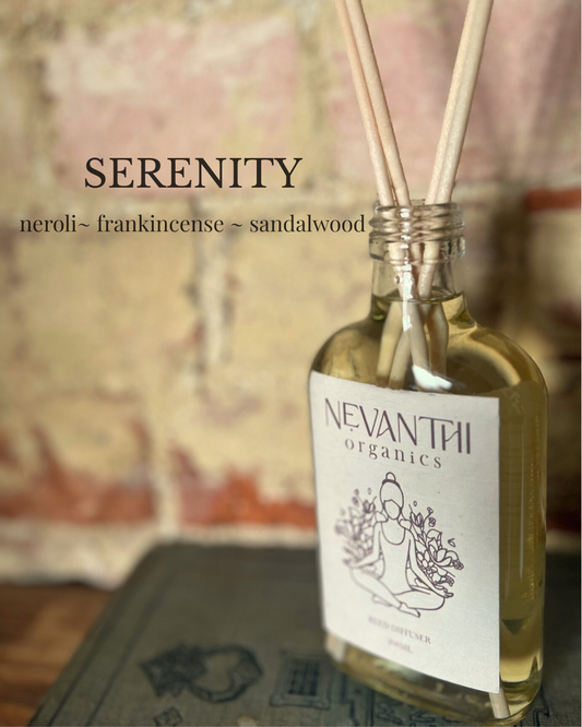 Serenity reed diffuser 200ml by Nevanthi Organics — luxury grounding home fragrance with sandalwood frankincense and bergamot