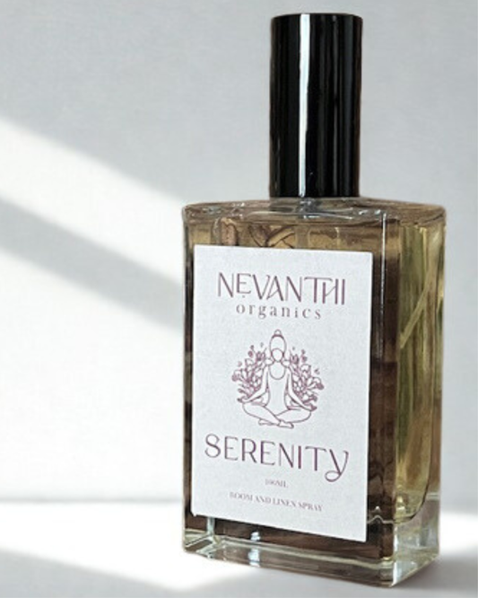 Serenity room spray — handmade UK linen spray with sandalwood frankincense and bergamot by Nevanthi Organics