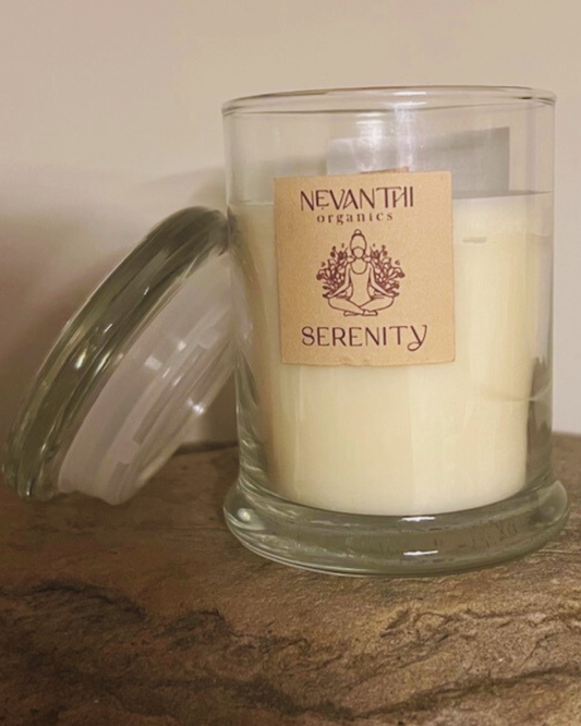 Serenity soy wax candle by Nevanthi Organics — wooden wick candle with sandalwood frankincense and bergamot