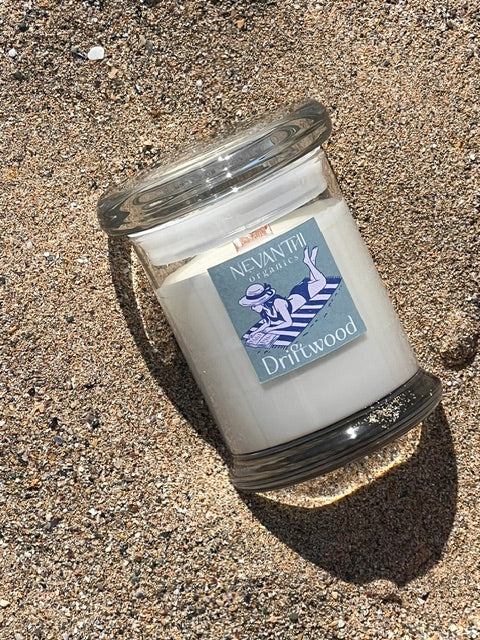 Driftwood soy wax candle by Nevanthi Organics — summer seasonal wooden wick candle with sage and sea salt on Norfolk beach