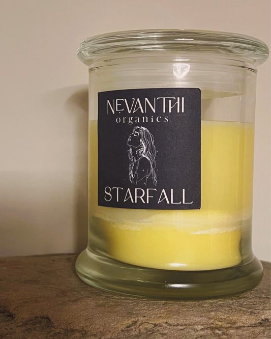 Starfall soy wax candle by Nevanthi Organics — wooden wick candle with bergamot jasmine and sandalwood