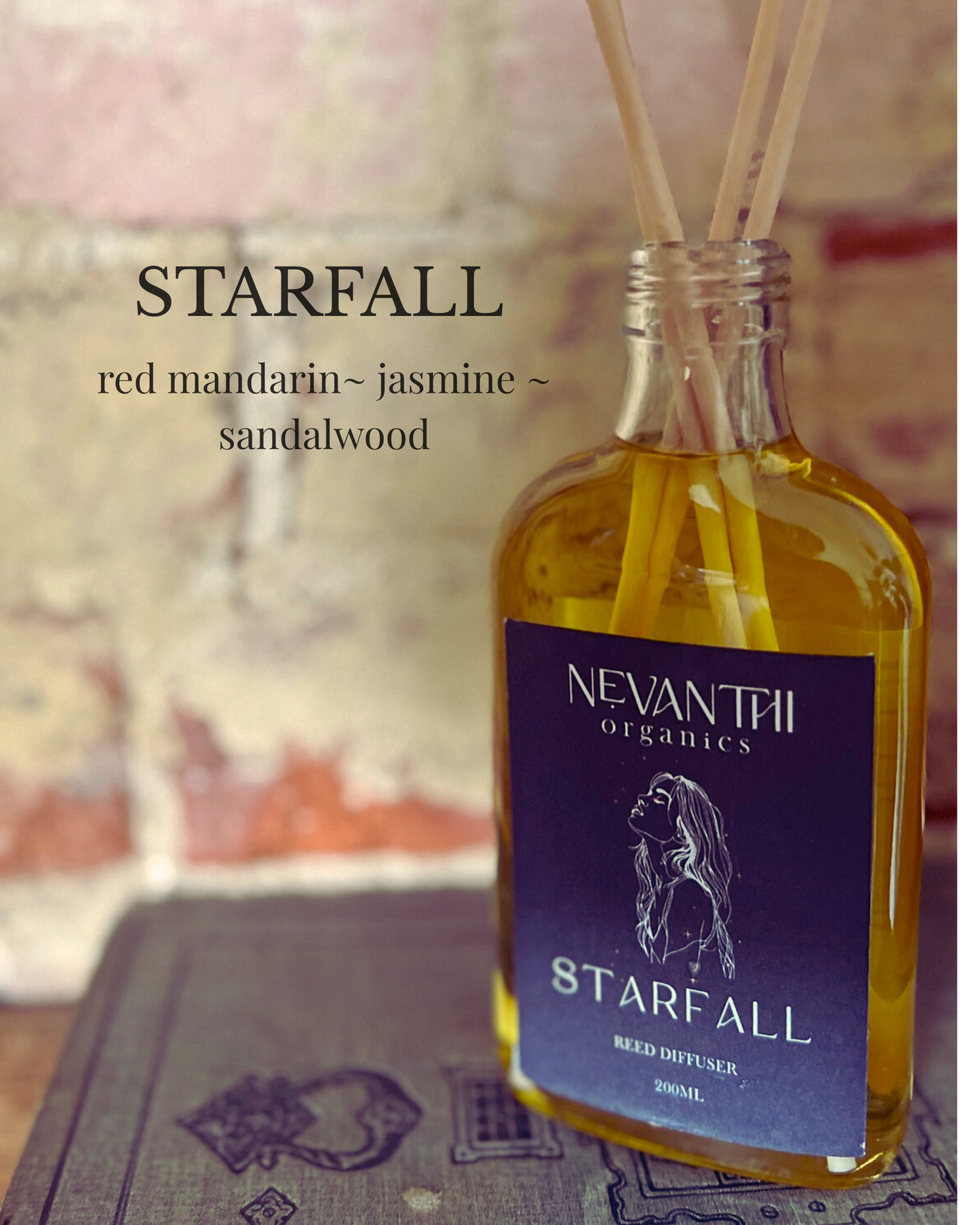 Starfall reed diffuser 200ml by Nevanthi Organics — luxury warm floral home fragrance with bergamot jasmine and sandalwood