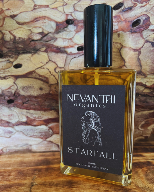 Starfall room and linen spray by Nevanthi Organics — 100ml warm floral home fragrance with bergamot jasmine and sandalwood