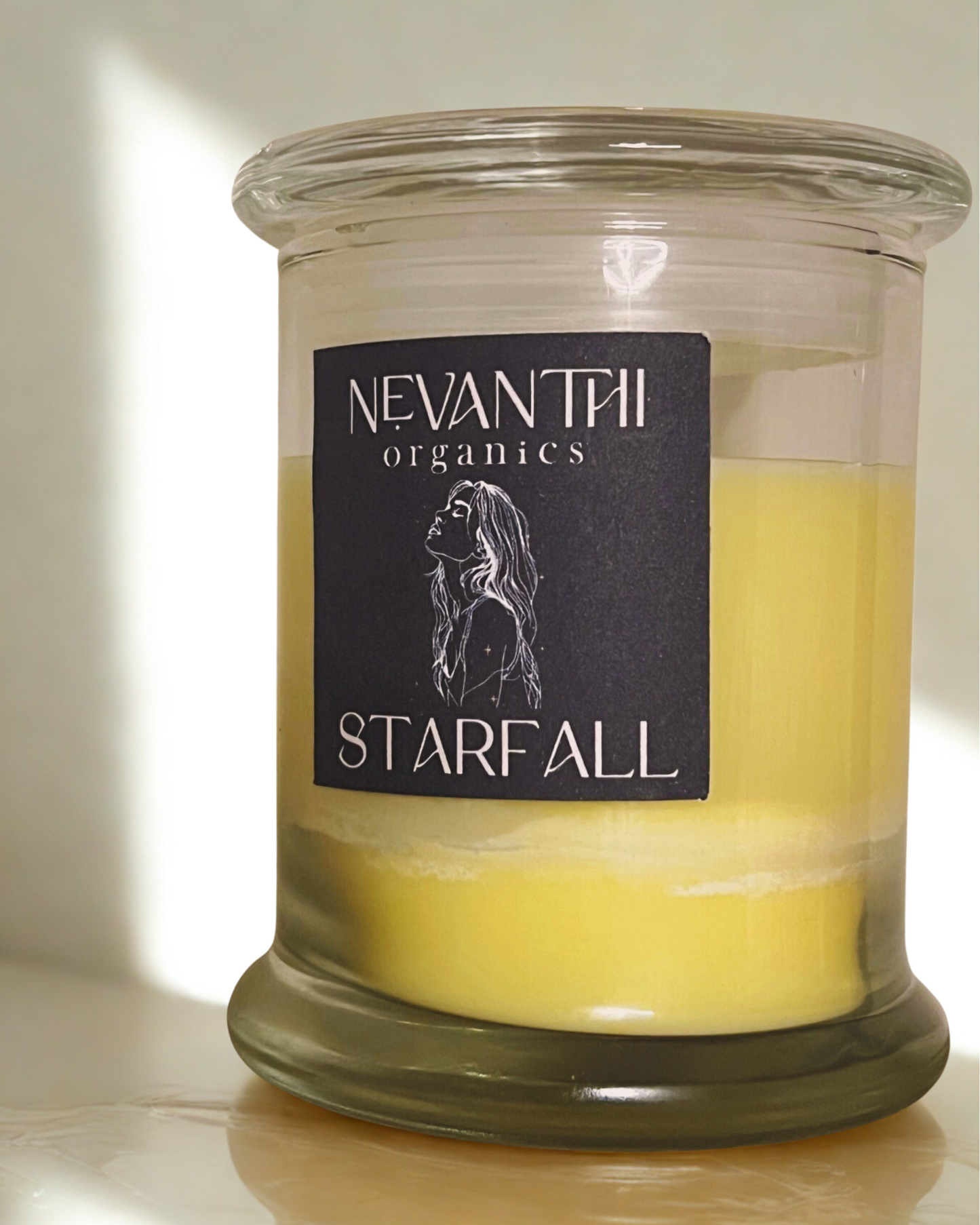 Starfall candle close up — luxury warm floral soy candle by Nevanthi Organics